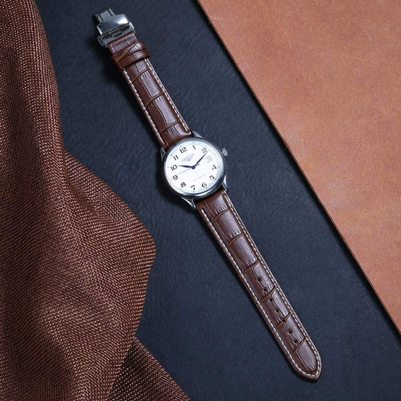 iStrap Leather Watch Band -Alligator Grain Embossed Pattern Calfskin Replacement Strap-Stainless Steel Deployment Buckle with Push Buttons-Bracelet for Men Women-18mm 19mm 20mm 21mm 22mm 24mm - Image 2